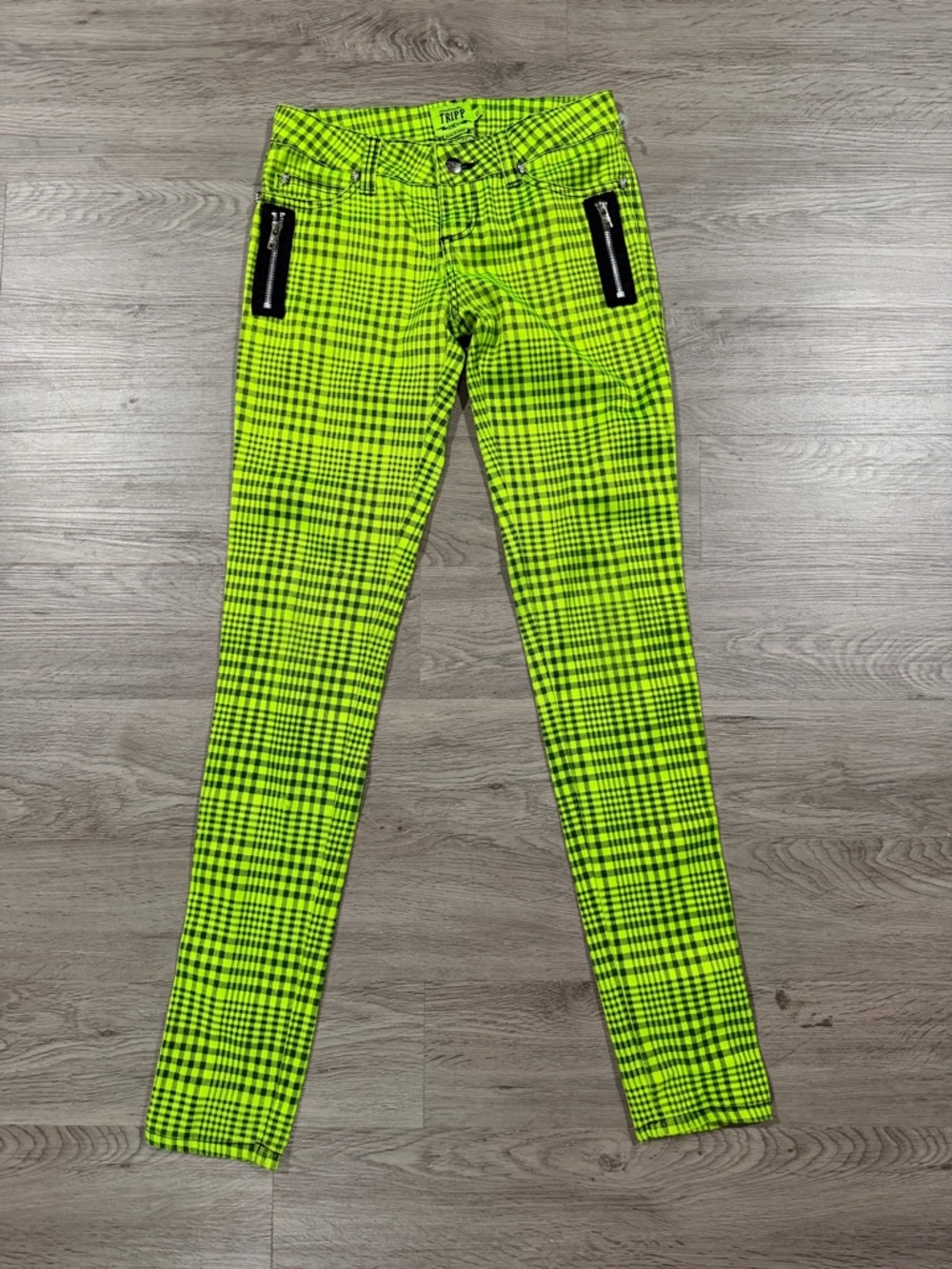 Tripp NYC Neon Green Plaid Skinny Jeans - Women's